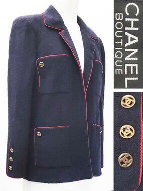 CHANEL Boutique Womens Vintage Navy Wool Boucle Blazer Logo CC Buttons Red Trim